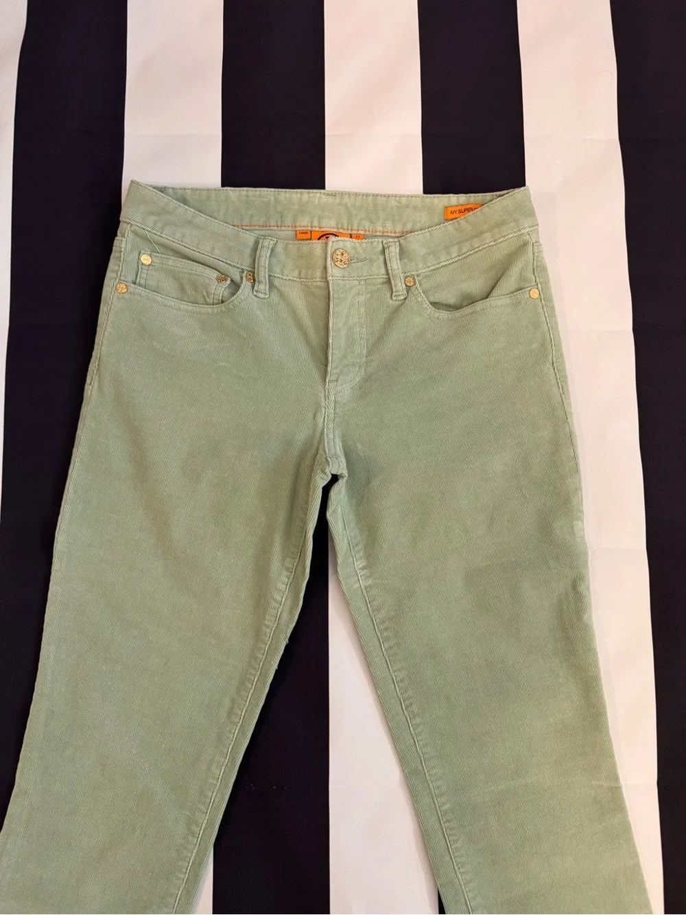 Tory Burch Women's Skinny  Corduroy Jeans in Sage Green with Gold Accents